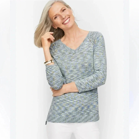 Talbots Raglan V-Neck High Low Sweater Space Dye Blue Green Size Medium - Picture 1 of 7